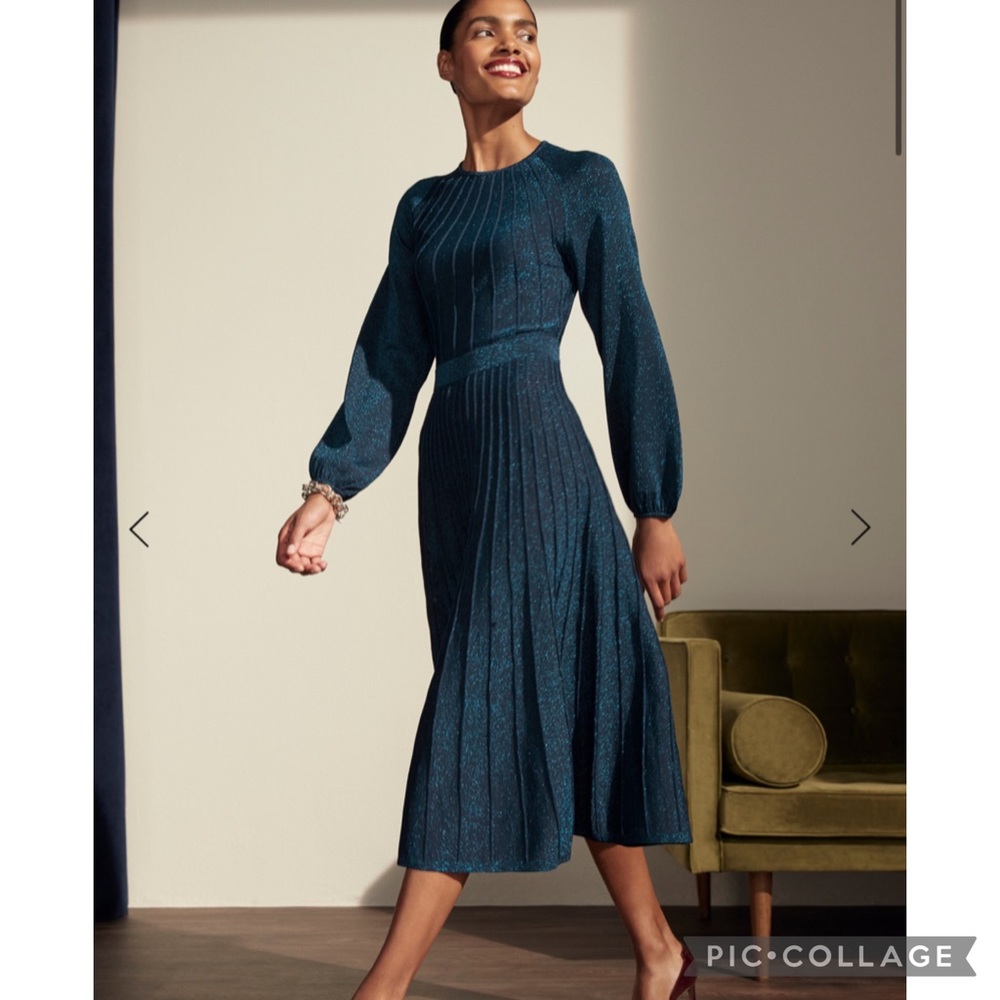 THE FOLD London Lumia Knitted Long Sleeve Pleated Midi Dress in Metallic Blue